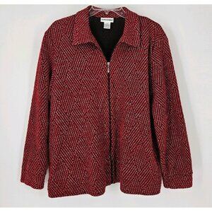 Alfred Dunner Top Sz 14 Red Black Silver Woven Tweed Metallic Shimmer Full Zip